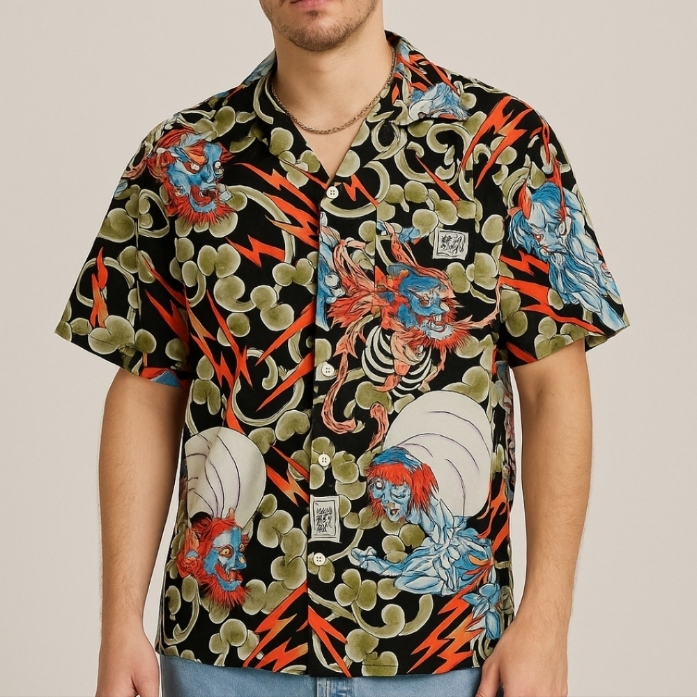 Ed Hardy Tattoo Print Button Shirt XL Japanese Oni Thunder God Art
